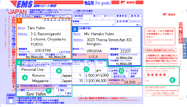EMSの発送伝票（控え）